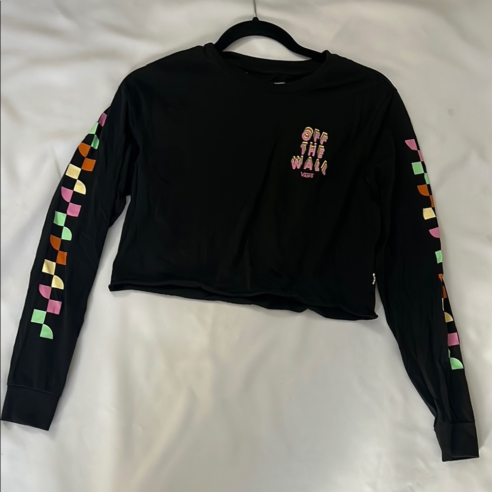 Vans Black Long Sleeve Crop Top with Colorful Checkered Sleeves